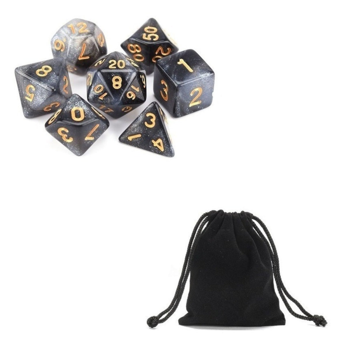 Conjunto de Dados para Nebula Glitter Rpg Cinza com Preto com N° Dourado Conjunto de Dados para Nebula Glitter Rpg Cinza com Preto com N° Dourado
